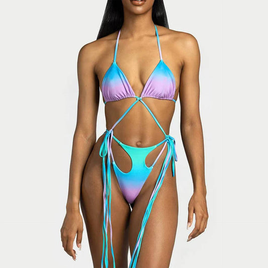 European And American Tassels High Elastic Swimsuit Split Bikini