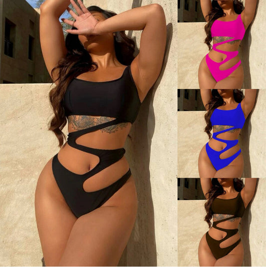 Sexy One-piece Bikini Solid Color Hollow-out Swimsuit Cross-border Foreign Trade